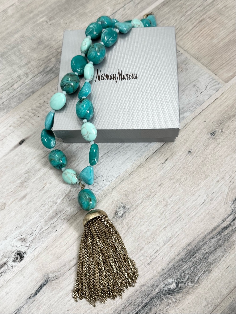 Neiman Marcus Teal Tassel Statement Necklace